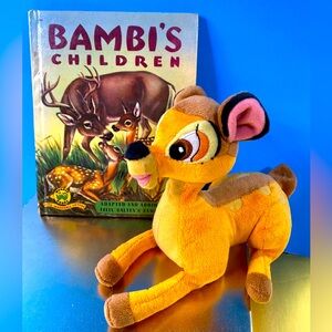 VINTAGE BAMBI BUNDLE 1951 WONDER HARDCOVER BOOK & 90’s DISNEY BEAN BAG PLUSH 7”